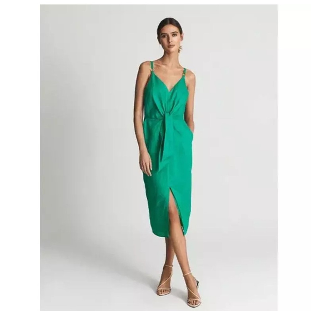 Reiss Green Wrap Midi Dress with Slit and Spaghetti Straps. Size US 4